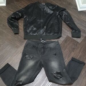 Black Sequin Jacket and Distressed Jeans Set